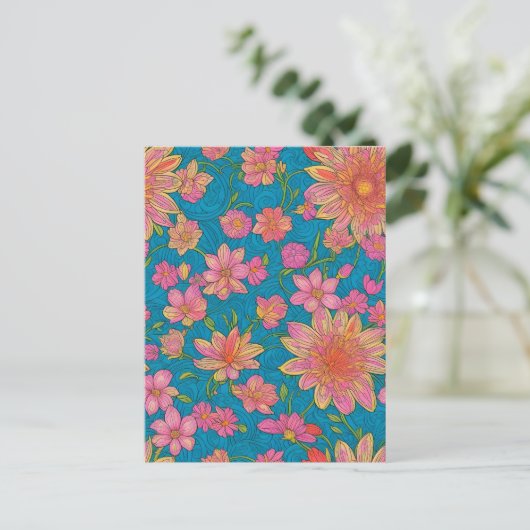 Patroon van roze bloemen op blauwe achtergrond briefkaart (Staand voorkant)
