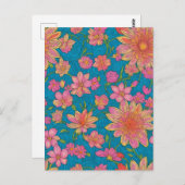 Patroon van roze bloemen op blauwe achtergrond briefkaart (Voorkant / Achterkant)