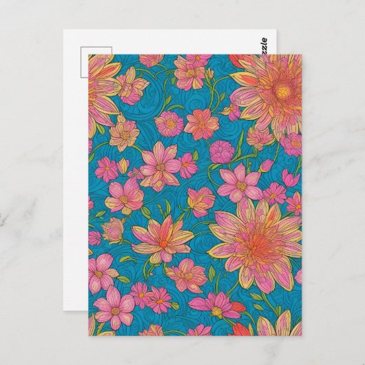 Patroon van roze bloemen op blauwe achtergrond briefkaart (Voorkant / Achterkant)