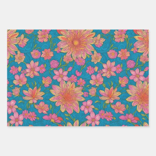 Patroon van roze bloemen op blauwe achtergrond inpakpapier vel (Voorkant 3)