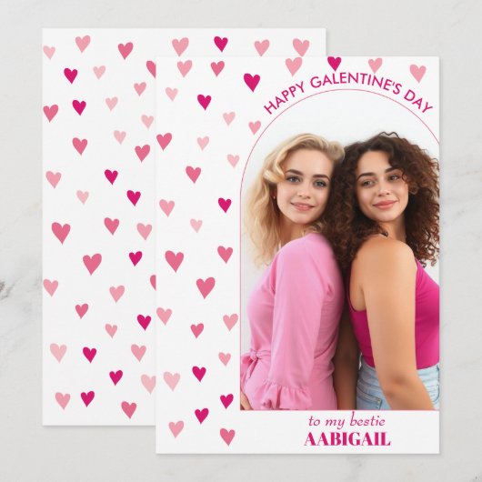 Patroon van roze harten, boogfoto Galentine's Day Feestdagenkaart (Voorkant / Achterkant)