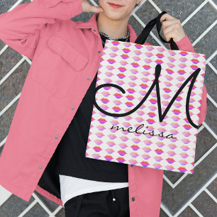 Patroon van roze lippen met naam tote bag