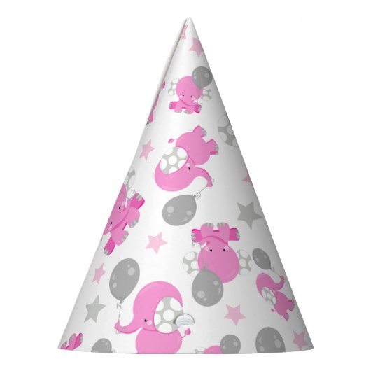 Patroon van roze olifanten, luifantennepalen, ster feesthoedjes (Links)