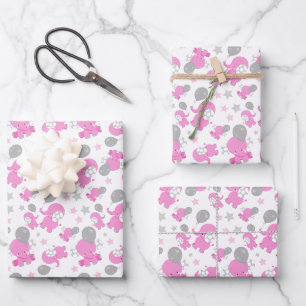 Patroon van roze olifanten, luifantennepalen, ster inpakpapier vel