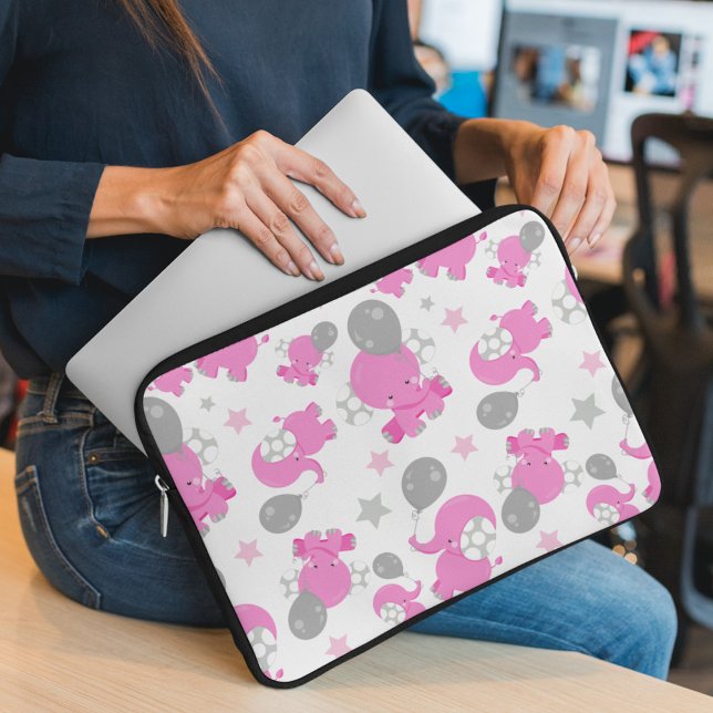 Patroon van roze olifanten, luifantennepalen, ster laptop sleeve (Creator heeft geüpload)