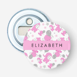 Patroon van roze olifanten, sterren, Jouw naam Button Flesopener