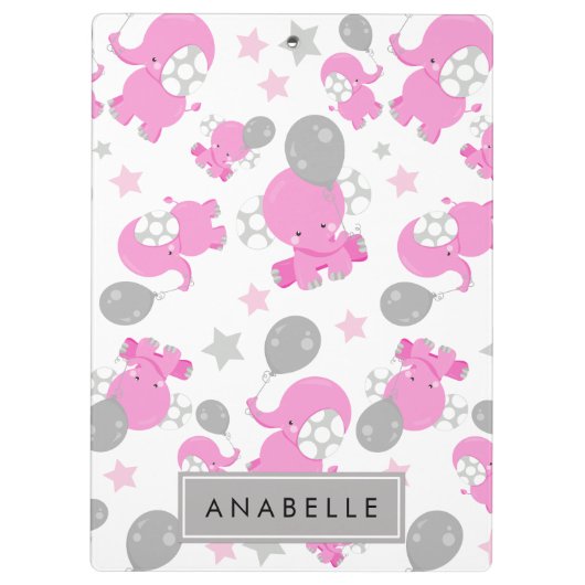 Patroon van roze olifanten, sterren, Jouw naam Klembord (Achterkant)