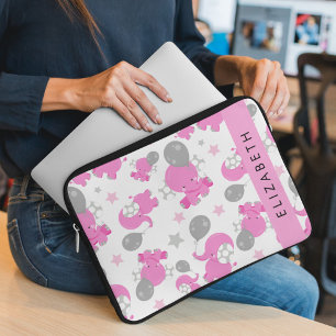 Patroon van roze olifanten, sterren, Jouw naam Laptop Sleeve