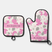 Patroon van roze olifanten, sterren, Jouw naam Ovenwant & Pannenlap Set (Voorkant)