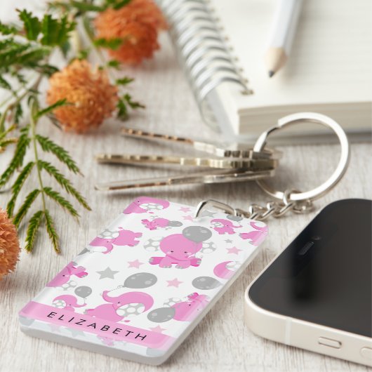 Patroon van roze olifanten, sterren, Jouw naam Sleutelhanger (Voorkant Rechts)