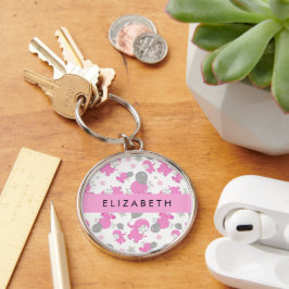 Patroon van roze olifanten, sterren, Jouw naam Sleutelhanger