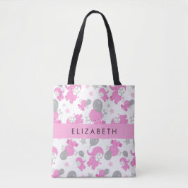 Patroon van roze olifanten, sterren, Jouw naam Tote Bag