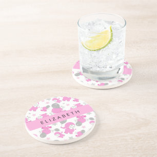 Patroon van roze olifanten, sterren, Jouw naam Zandsteen Onderzetter