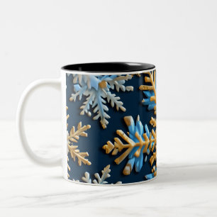 Patroon van sneeuwvlokken op een donkerblauwe acht tweekleurige koffiemok