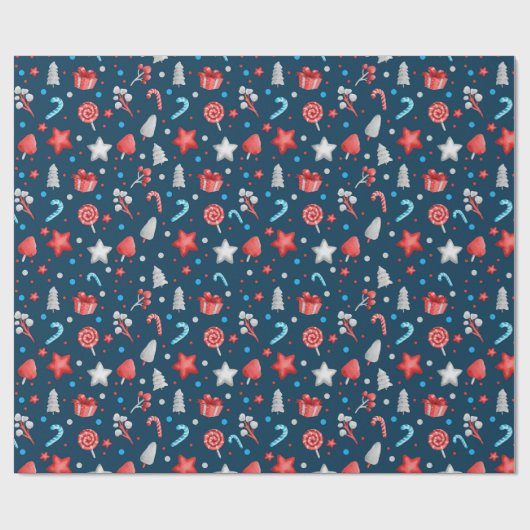 patroon van sterren, cadeaus, Snoepjes op blauw Cadeaupapier (Vlak)
