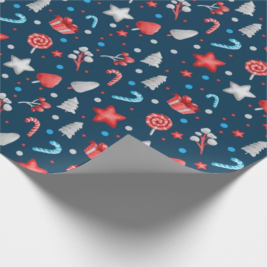 patroon van sterren, cadeaus, Snoepjes op blauw Cadeaupapier (Hoek)