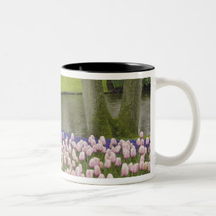 Patroon van tulpen en druif-hyacint bloemen, tweekleurige koffiemok
