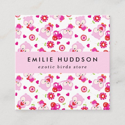 Patroon van uilen, roze uilen, dierenwinkel, vogel vierkante visitekaartje (Voorkant)