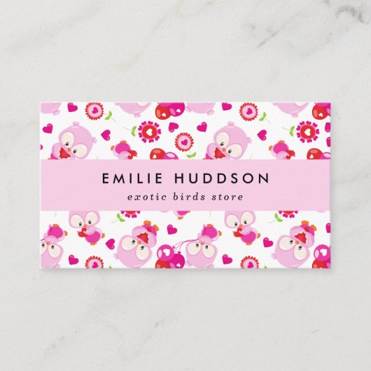 Patroon van uilen, roze uilen, dierenwinkel, vogel visitekaartje (Voorkant)