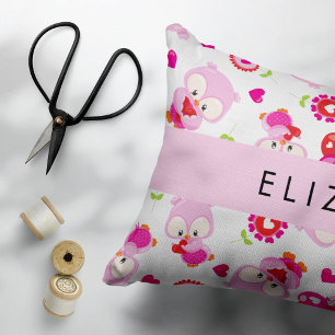Patroon van uilen, schattige uilen, roze uilen, Jo Accent Kussen