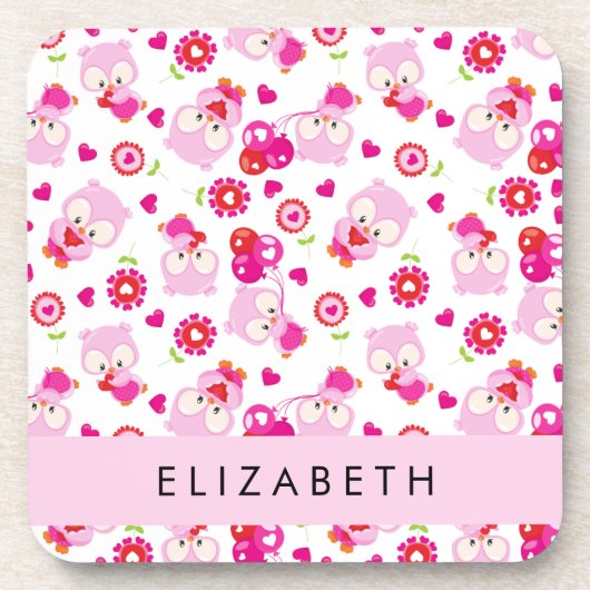Patroon van uilen, schattige uilen, roze uilen, Jo Bier Onderzetter (Voorkant)