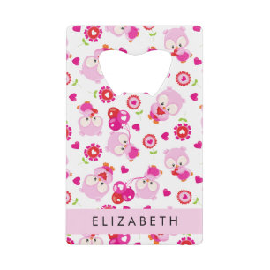 Patroon van uilen, schattige uilen, roze uilen, Jo Creditkaart Flessenopener