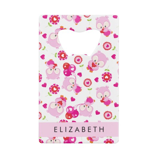 Patroon van uilen, schattige uilen, roze uilen, Jo Creditkaart Flessenopener (Voorkant)
