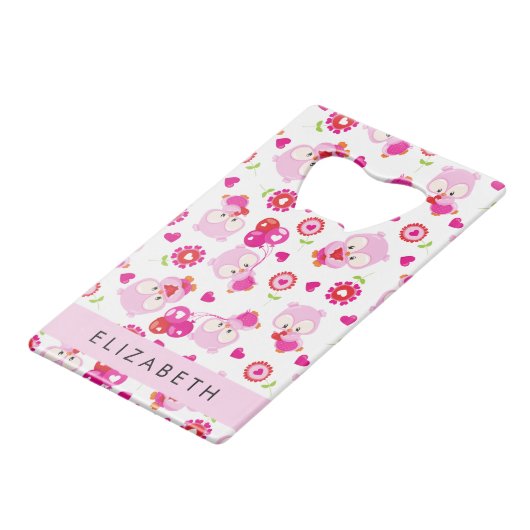 Patroon van uilen, schattige uilen, roze uilen, Jo Creditkaart Flessenopener (Achterkant Gekanteld)