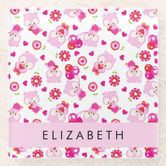 Patroon van uilen, schattige uilen, roze uilen, Jo Glazen Onderzetter (Voorkant)