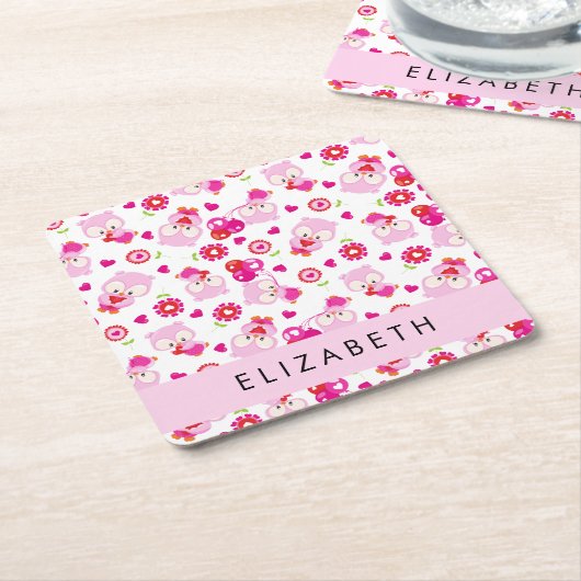 Patroon van uilen, schattige uilen, roze uilen, Jo Kartonnen Onderzetters (Schuin)