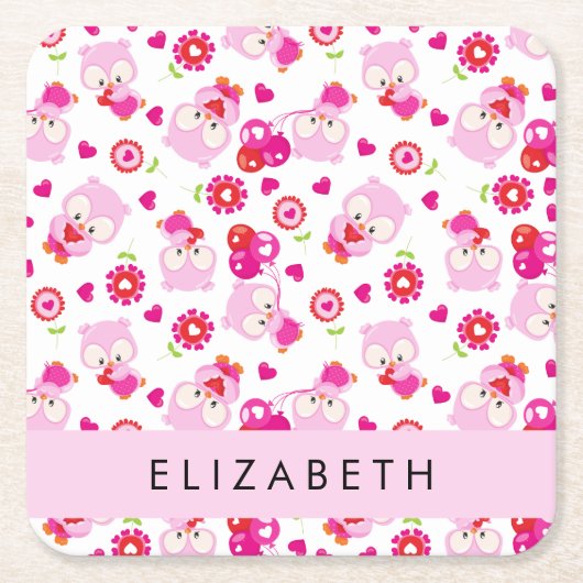 Patroon van uilen, schattige uilen, roze uilen, Jo Kartonnen Onderzetters (Voorkant)
