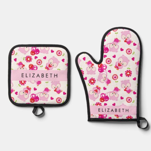 Patroon van uilen, schattige uilen, roze uilen, Jo Ovenwant & Pannenlap Set (Voorkant)