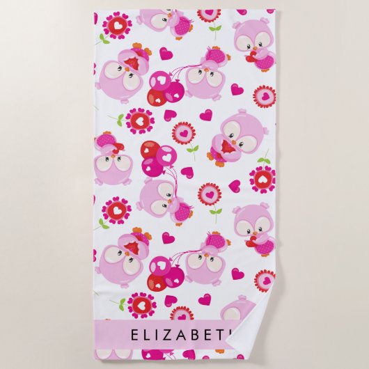 Patroon van uilen, schattige uilen, roze uilen, Jo Strandlaken (Voorkant)