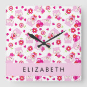 Patroon van uilen, schattige uilen, roze uilen, Jo Vierkante Klok (Voorkant)