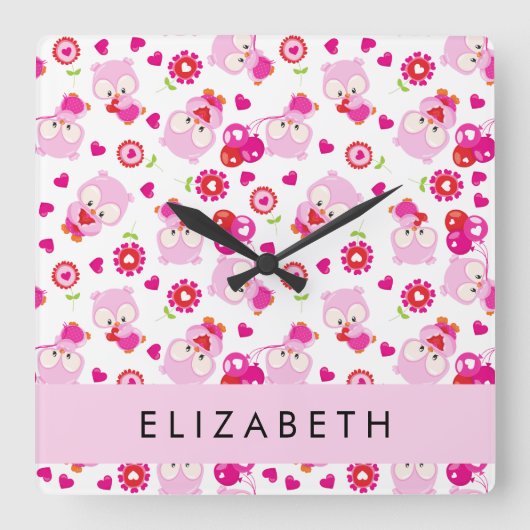 Patroon van uilen, schattige uilen, roze uilen, Jo Vierkante Klok (Voorkant)