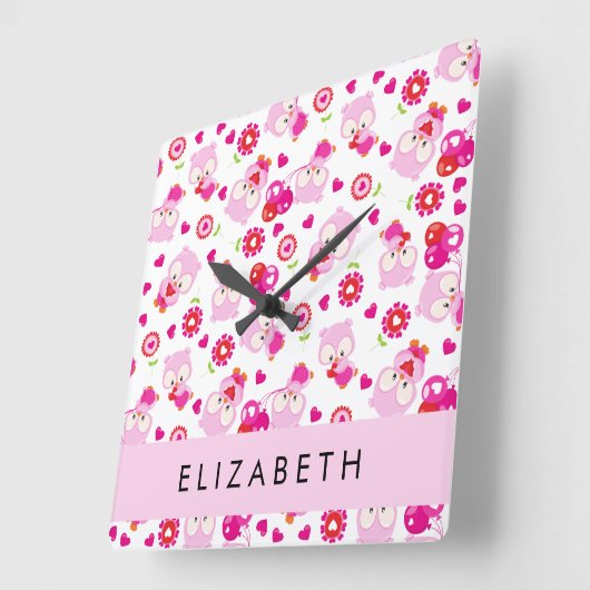 Patroon van uilen, schattige uilen, roze uilen, Jo Vierkante Klok (Hoek)