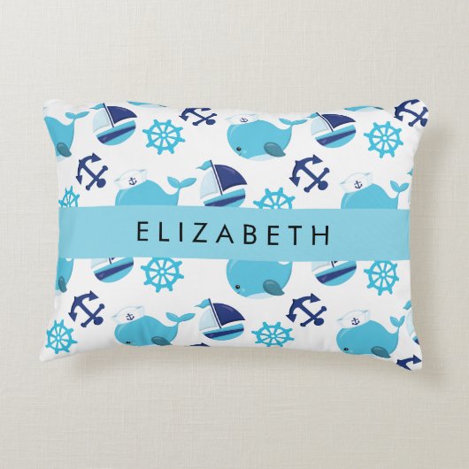 Patroon van walvissen, blauwe walvissen, Jouw naam Accent Kussen (Achterkant)