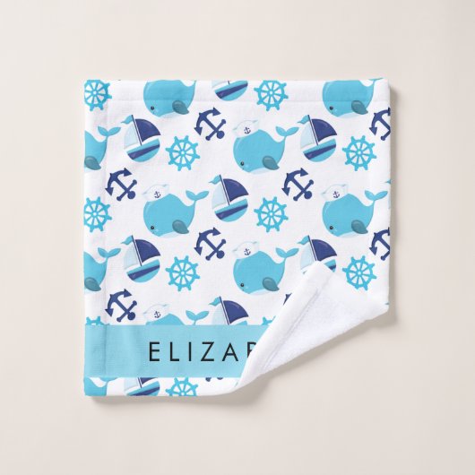 Patroon van walvissen, blauwe walvissen, Jouw naam Bad Handdoek (Wasdoekje)