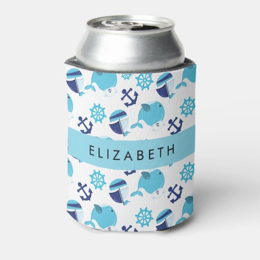 Patroon van walvissen, blauwe walvissen, Jouw naam Blikjeskoeler (Blikje Achterkant)