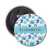 Patroon van walvissen, blauwe walvissen, Jouw naam Button Flesopener (Voorkant)