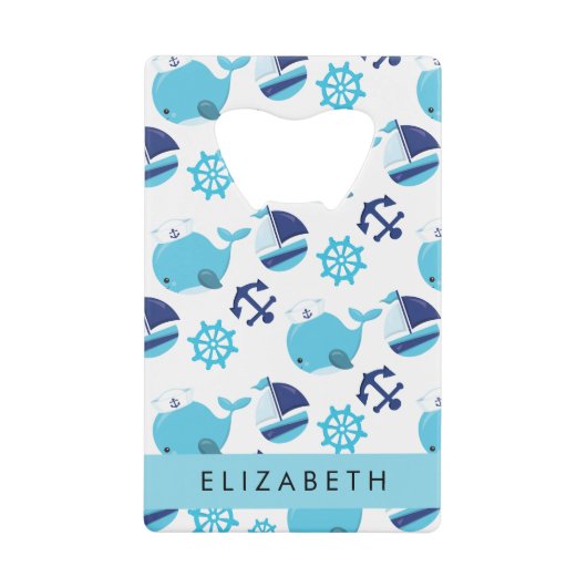 Patroon van walvissen, blauwe walvissen, Jouw naam Creditkaart Flessenopener (Voorkant)