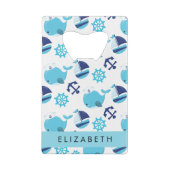 Patroon van walvissen, blauwe walvissen, Jouw naam Creditkaart Flessenopener (Achterkant)