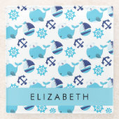 Patroon van walvissen, blauwe walvissen, Jouw naam Glazen Onderzetter (Voorkant)