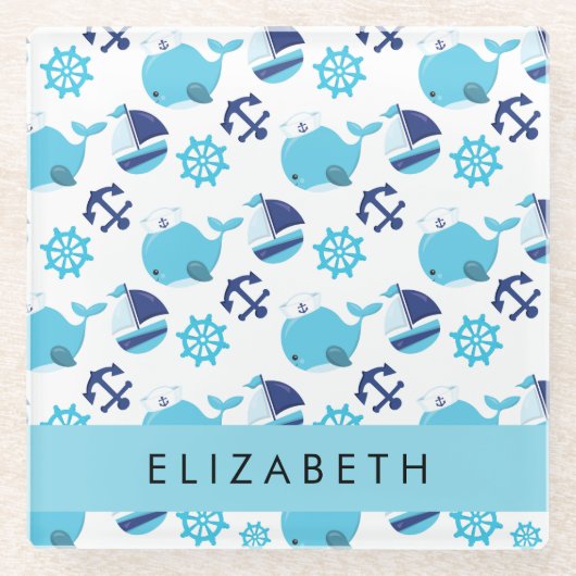 Patroon van walvissen, blauwe walvissen, Jouw naam Glazen Onderzetter (Voorkant)