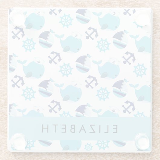 Patroon van walvissen, blauwe walvissen, Jouw naam Glazen Onderzetter (Achterkant)