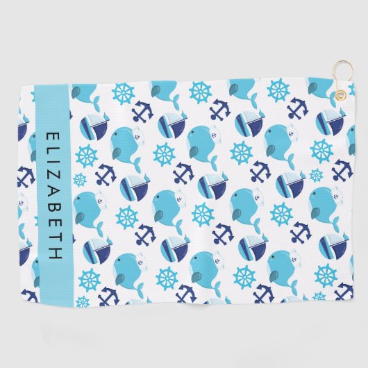 Patroon van walvissen, blauwe walvissen, Jouw naam Golfhanddoek (Horizontaal)