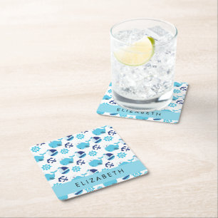 Patroon van walvissen, blauwe walvissen, Jouw naam Kartonnen Onderzetters