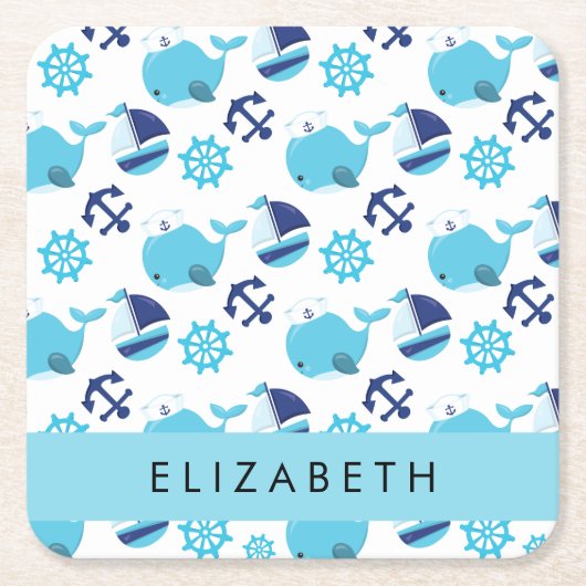 Patroon van walvissen, blauwe walvissen, Jouw naam Kartonnen Onderzetters (Voorkant)