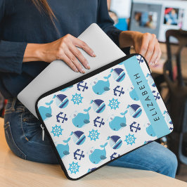 Patroon van walvissen, blauwe walvissen, Jouw naam Laptop Sleeve