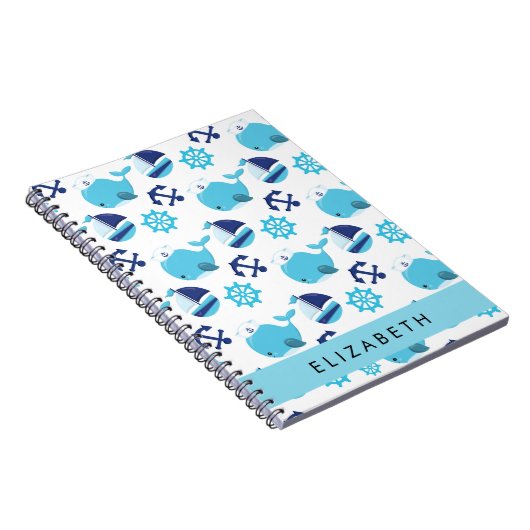 Patroon van walvissen, blauwe walvissen, Jouw naam Notitieboek (Rechterzijde)